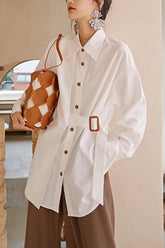 Women Lapel Solid Color Loose Casual Shirt